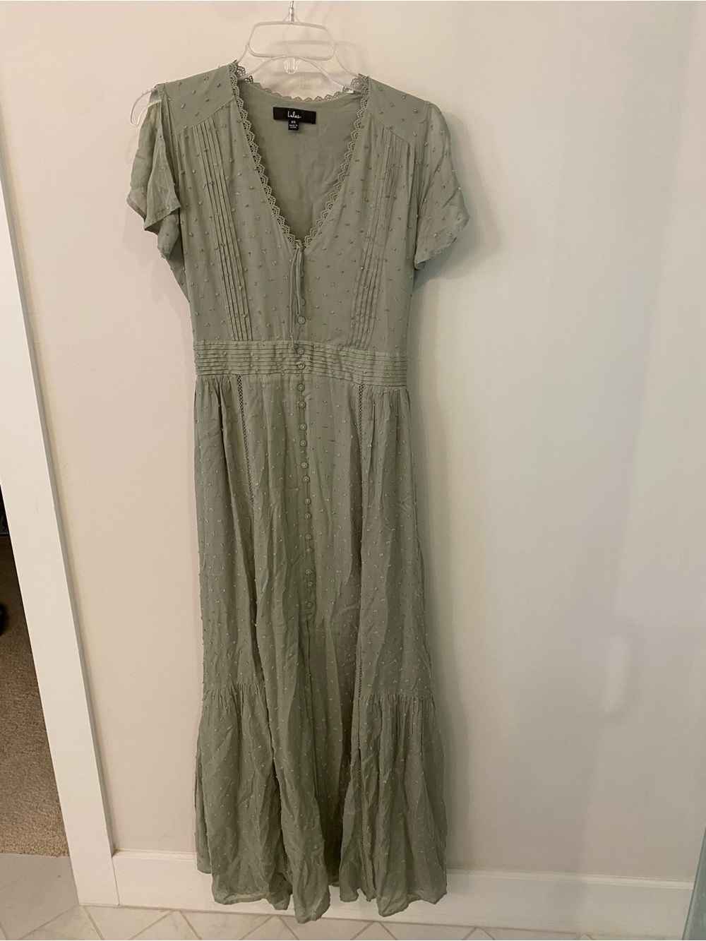 Lulu's Sage Green Maxi Dress with Button-Front & Tie Neck